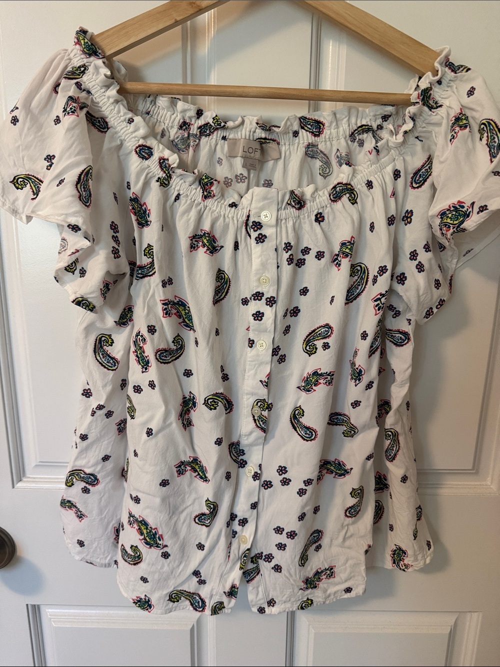 LOFT White Paisley Button-Front Top